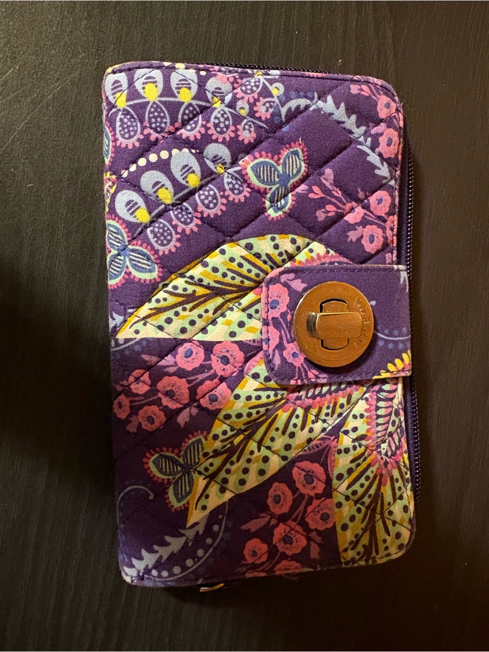 Vera Bradley Purple Floral Quilted Zip Phone Wallet with Yellow Accents